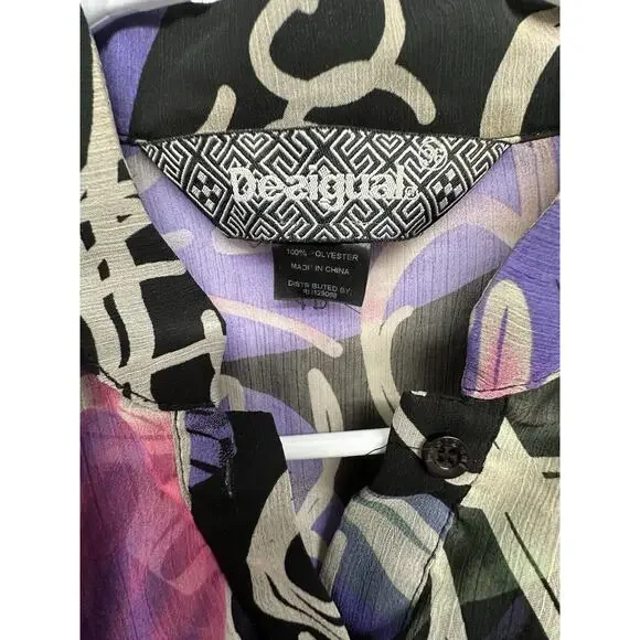 Desigual Top Womens Sz 36 Blouse Button Down Black Purple Graffiti Print Ruffles - Picture 3 of 8